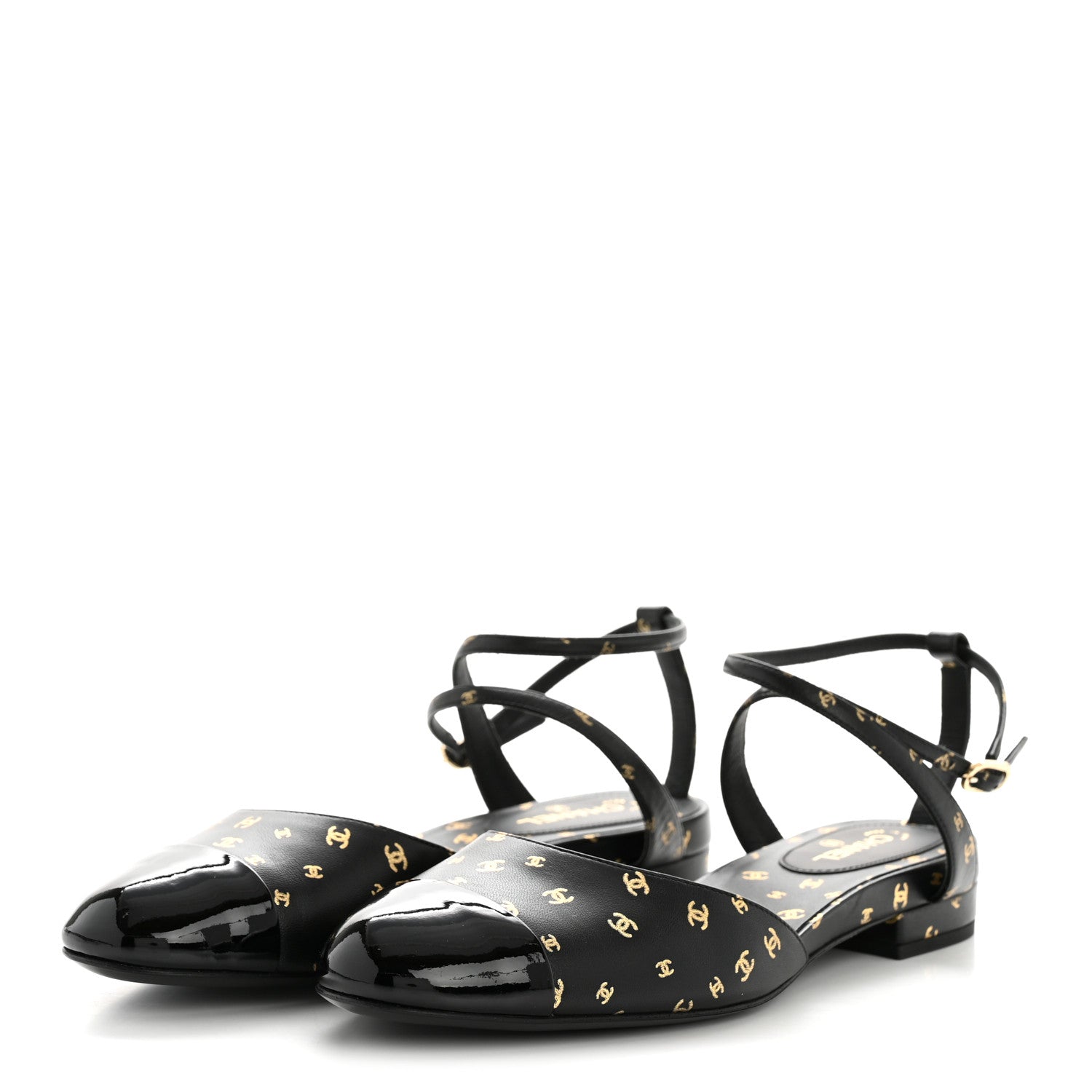 PRINTED LAMBSKIN PATENT CALFSKIN CAP TOE CC SLINGBACKS BLACK GOLD