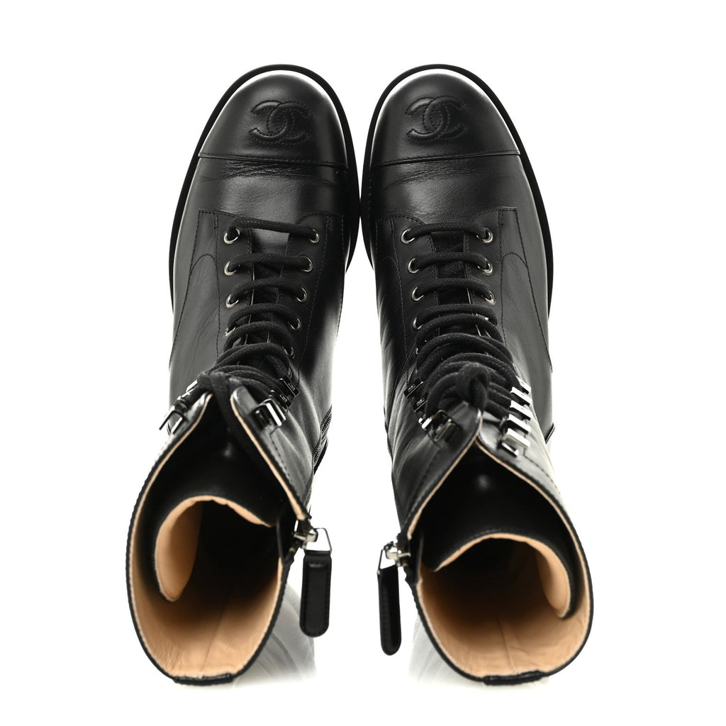 CALFSKIN LACE UP COMBAT BOOTS BLACK