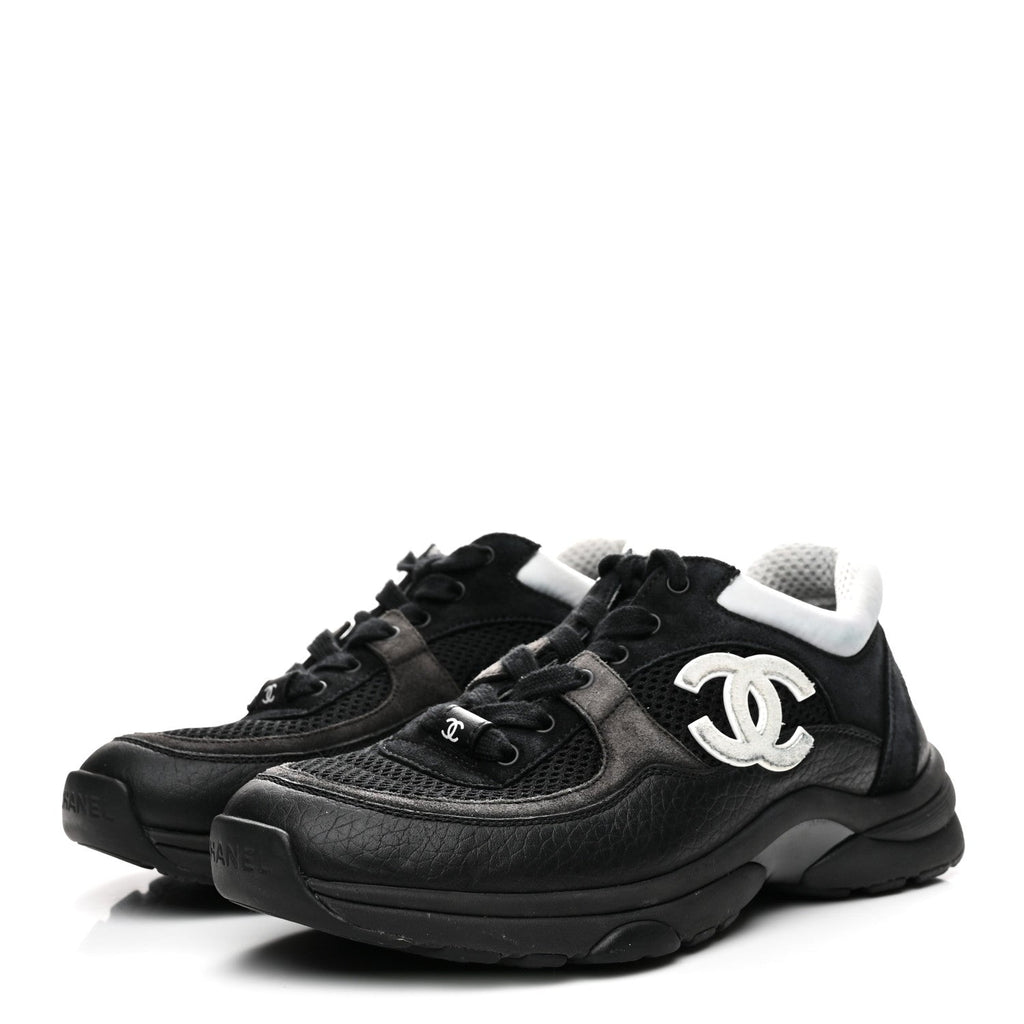 MESH SUEDE GRAINED CALFSKIN WOMENS CC SNEAKERS BLACK WHITE