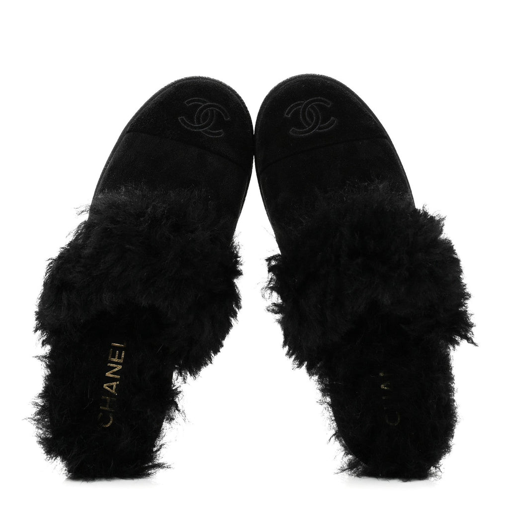 SUEDE SHEARLING CC CAP TOE MULES BLACK
