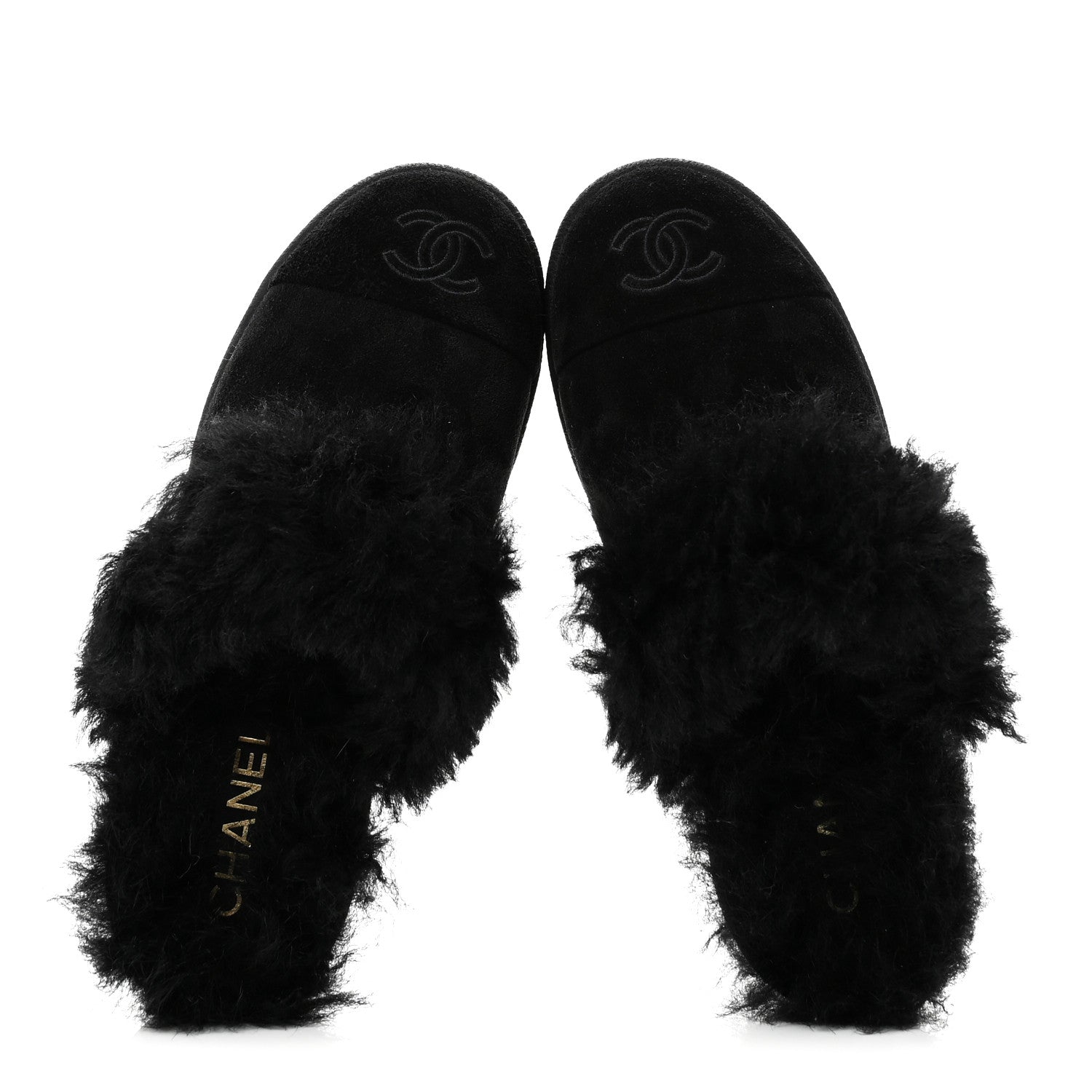 SUEDE SHEARLING CC CAP TOE MULES BLACK