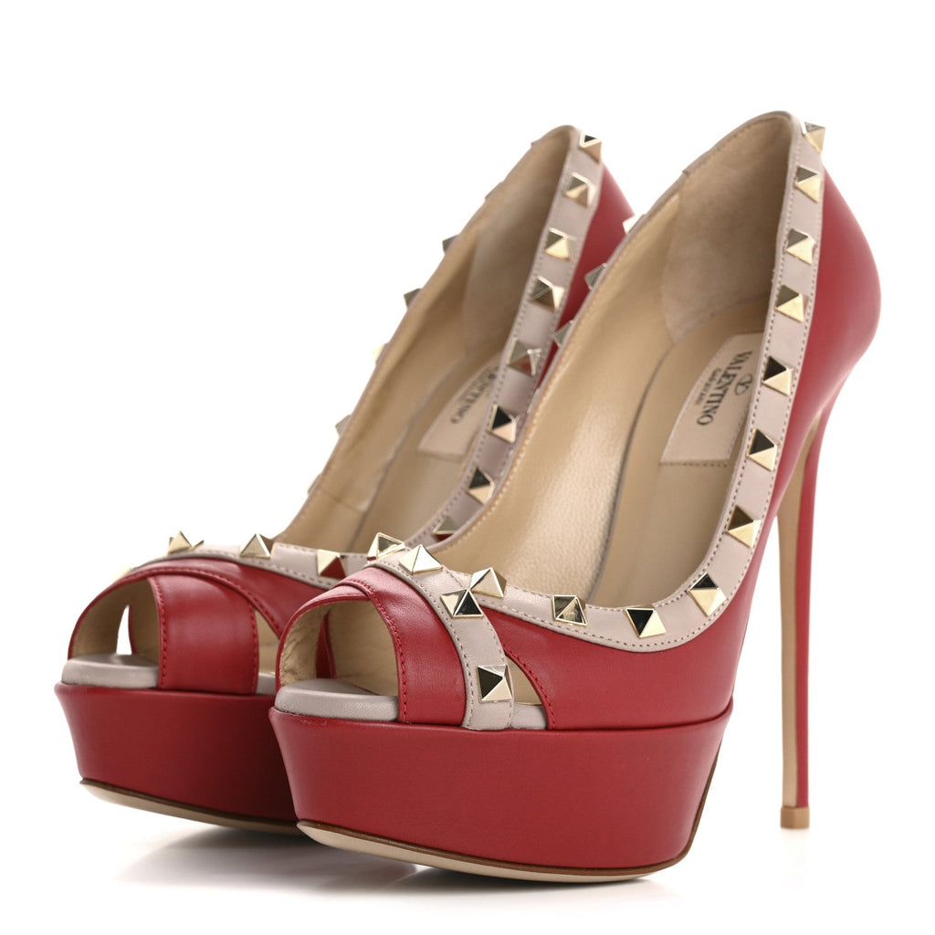 NAPPA ROCKSTUD PEEP TOE PLATFORM PUMPS POUDRE ROSSO