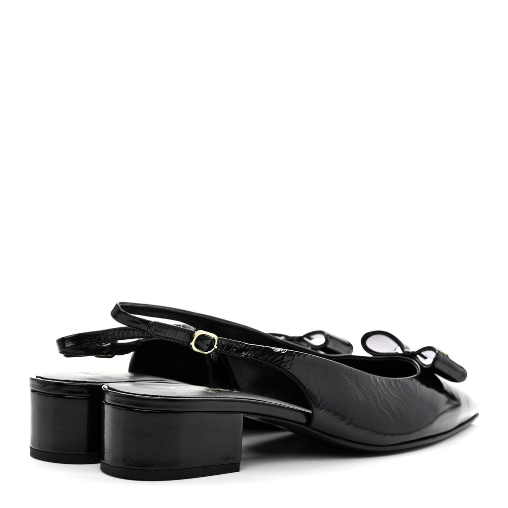 CRUMPLED PATENT CALFSKIN CC BOW SLINGBACK PUMPS BLACK