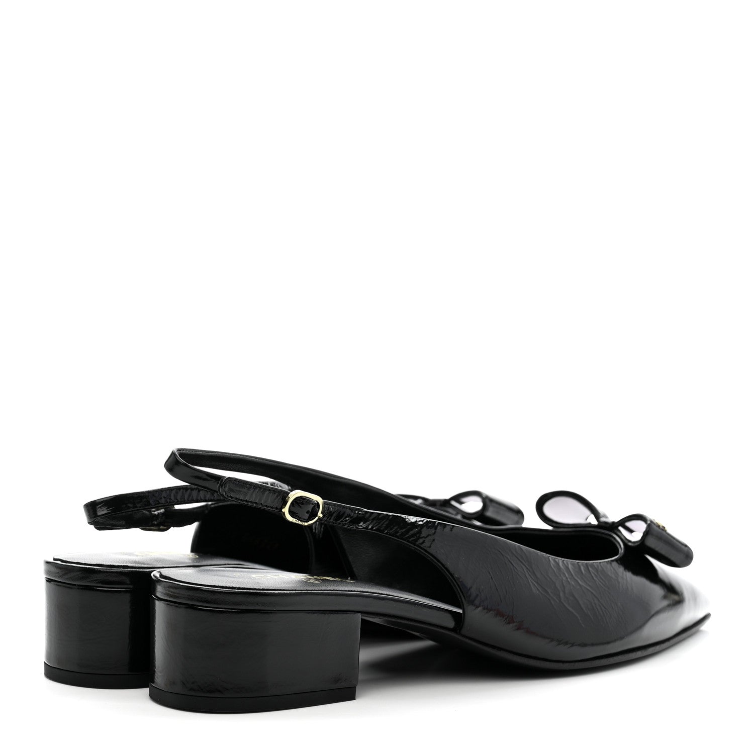 CRUMPLED PATENT CALFSKIN CC BOW SLINGBACK PUMPS BLACK