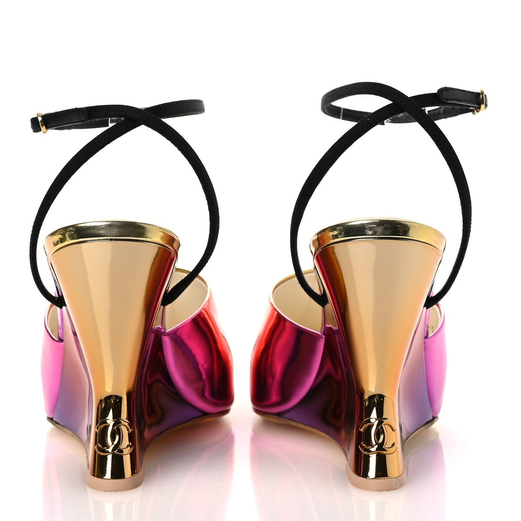 LAMINATED CALFSKIN GROSGRAIN CAP TOE CC WEDGE PUMPS PINK ORANGE YELLOW BLACK
