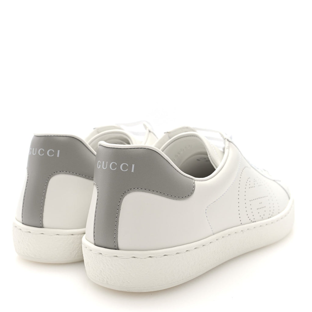 CALFSKIN INTERLOCKING G PERFORATED MENS ACE SNEAKERS WHITE GREY SKY