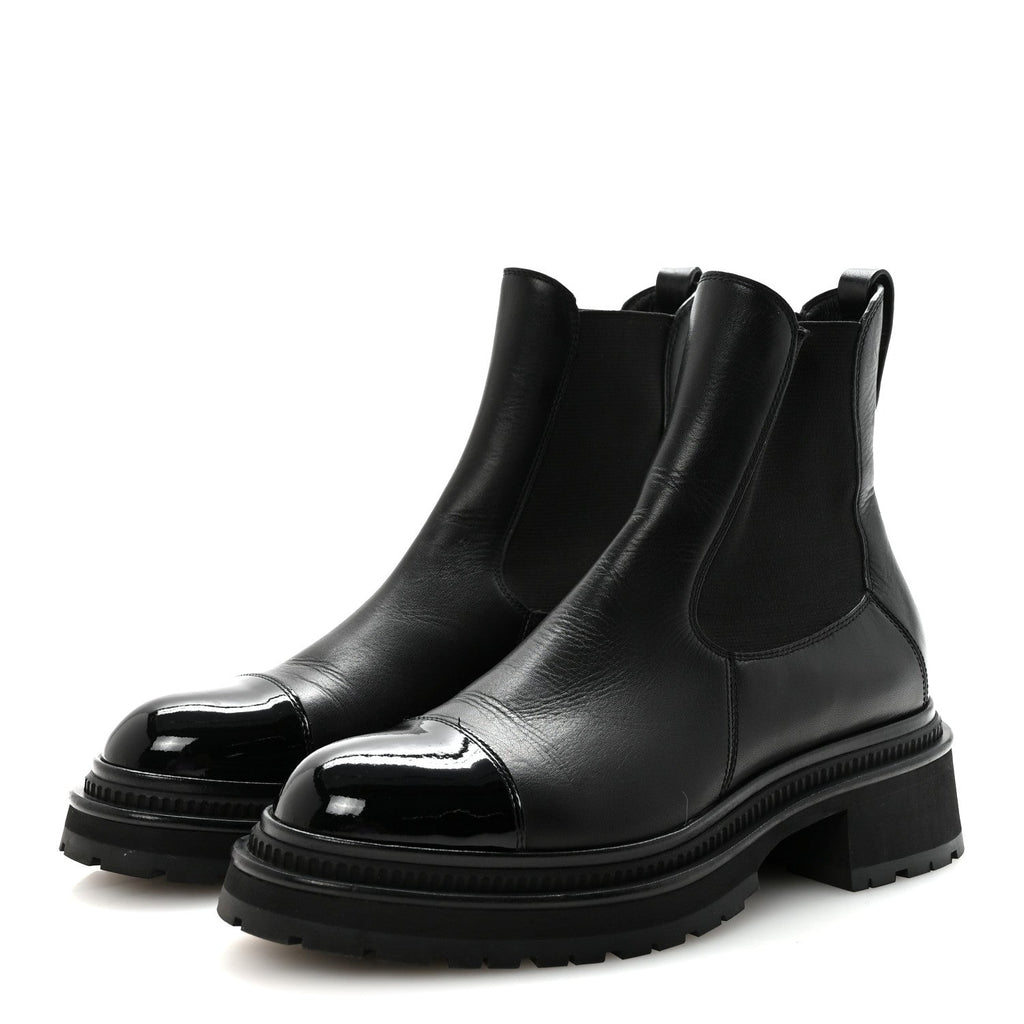 CALFSKIN PATENT CAP TOE ANKLE BOOTS BLACK