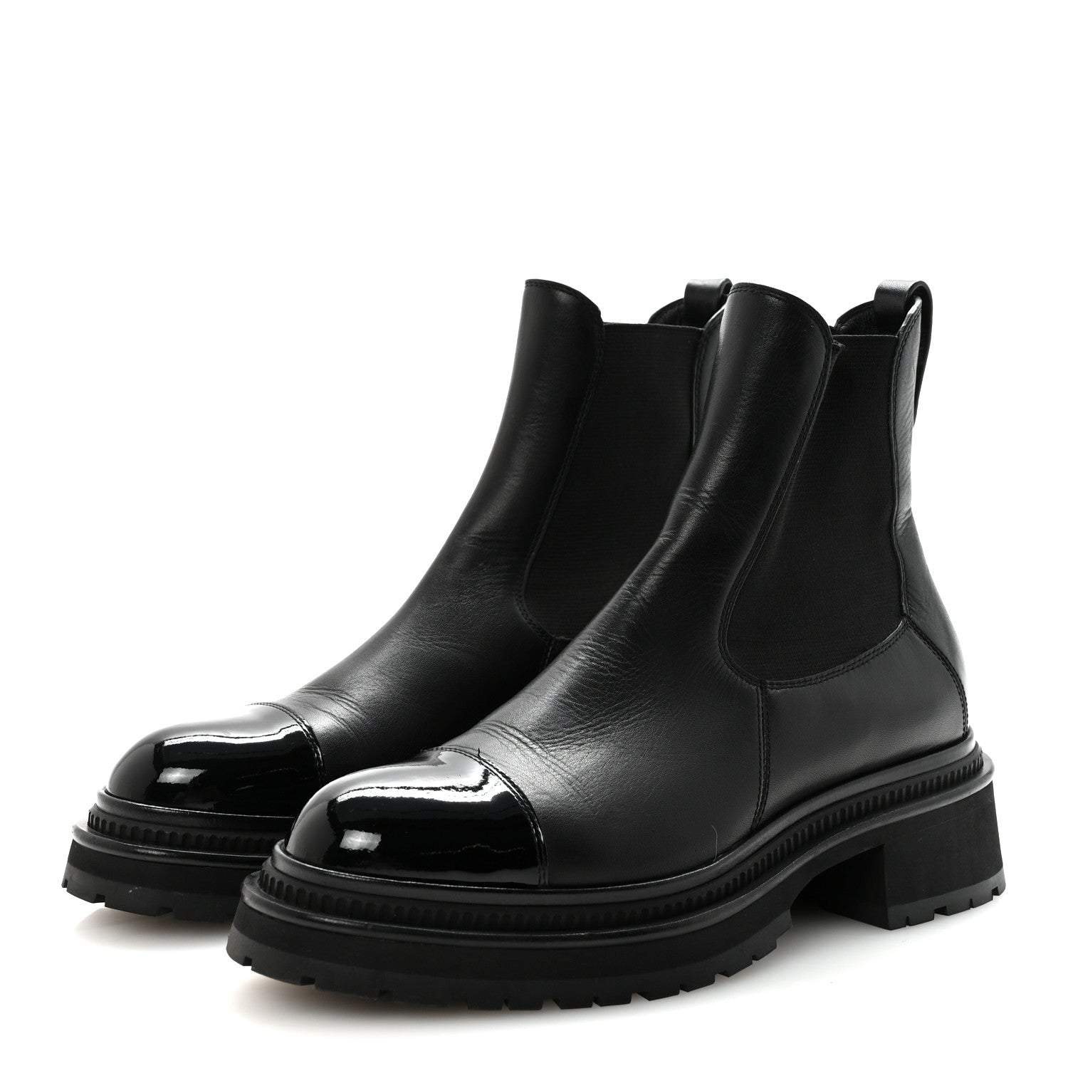 CALFSKIN PATENT CAP TOE ANKLE BOOTS BLACK