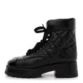 CRUMPLED PATENT LAMBSKIN CALFSKIN QUILTED LACE UP COMBAT BOOTS BLACK
