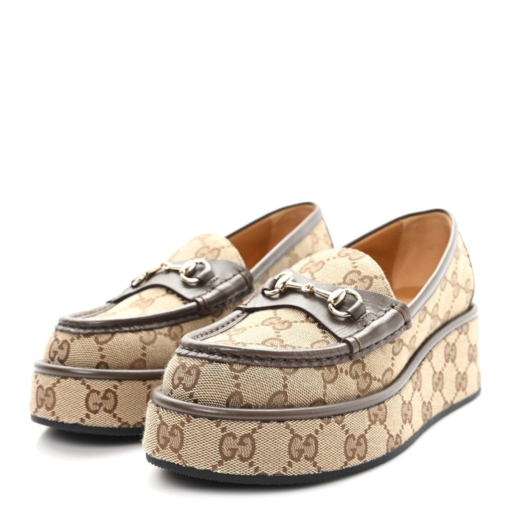 MONOGRAM HORSEBIT CALFSKIN WOMENS HORSEBIT WEDGE PLATFORM LOAFERS BEIGE EBONY