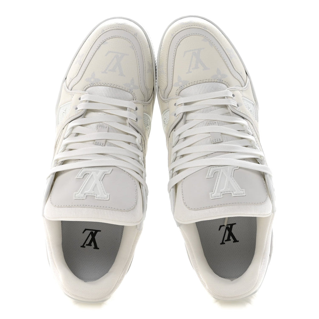 LOUIS VUITTON CALFSKIN EMBOSSED MONOGRAM DENIM LV TRAINER SNEAKERS LIGHT BLUE & WHITE