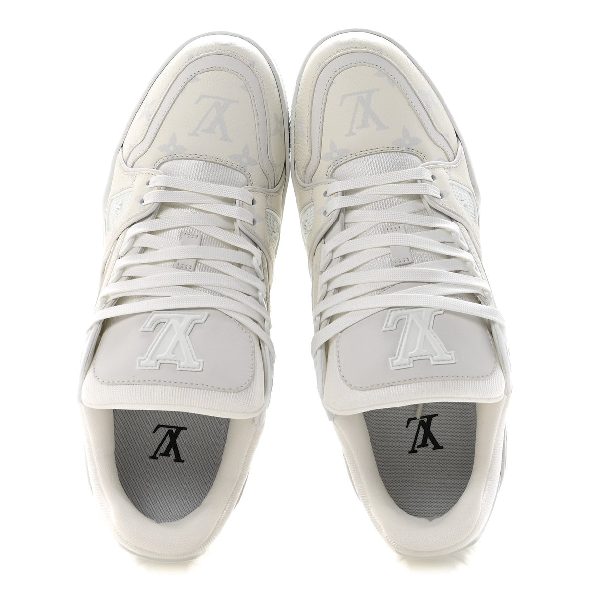 LOUIS VUITTON CALFSKIN EMBOSSED MONOGRAM DENIM LV TRAINER SNEAKERS LIGHT BLUE & WHITE