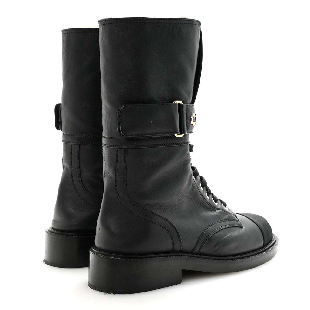 SHINY CALFSKIN LACE UP COMBAT BOOTS BLACK