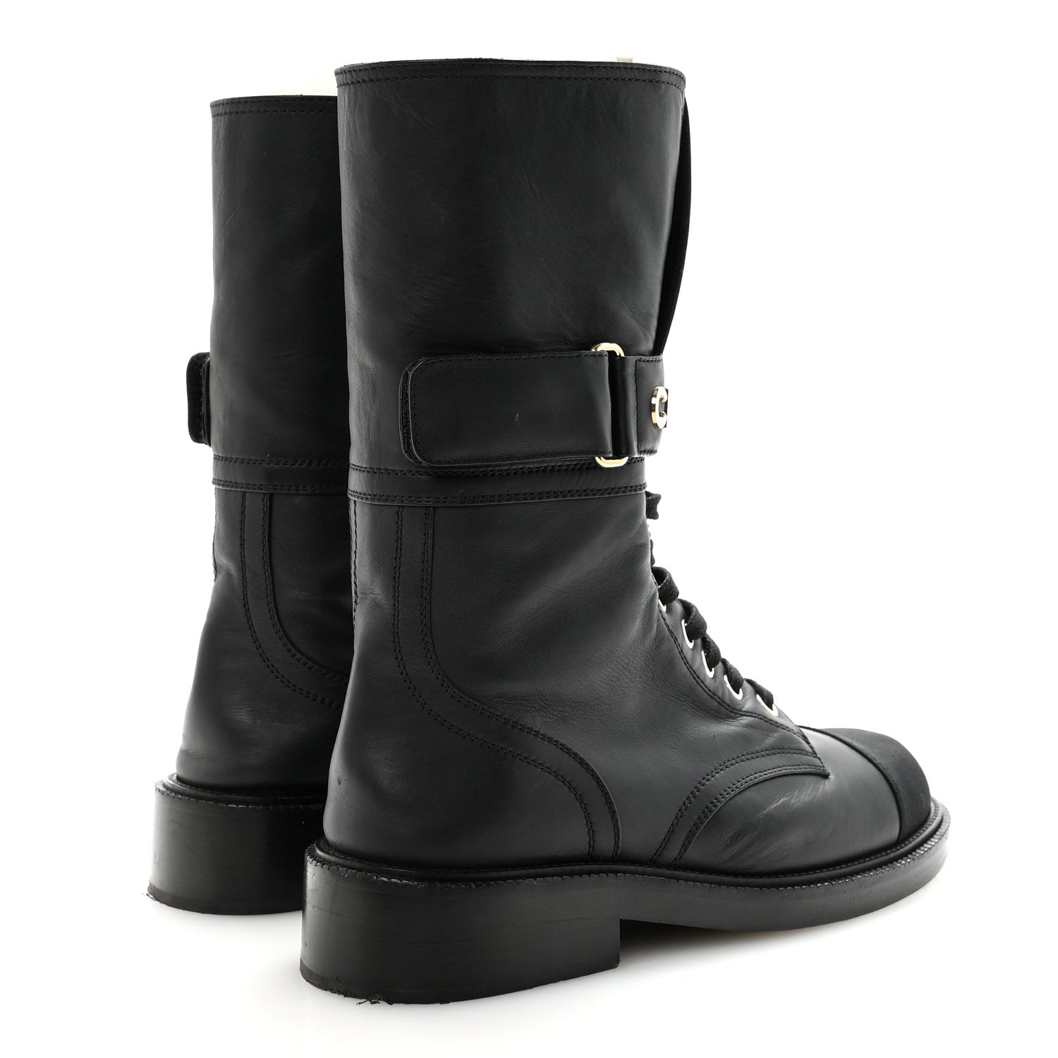SHINY CALFSKIN LACE UP COMBAT BOOTS BLACK