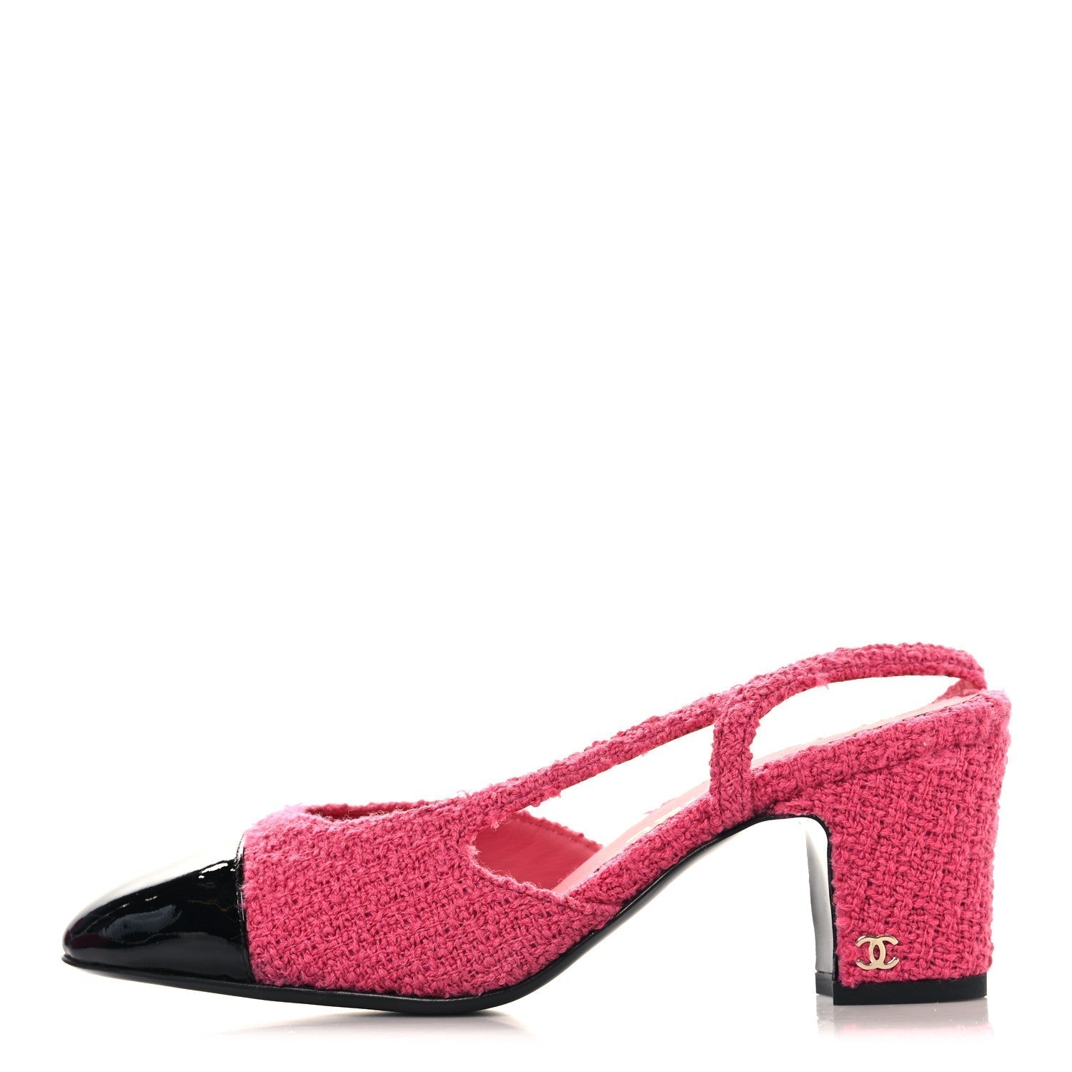 TWEED PATENT CAP TOE CC SLINGBACK PUMPS PINK BLACK