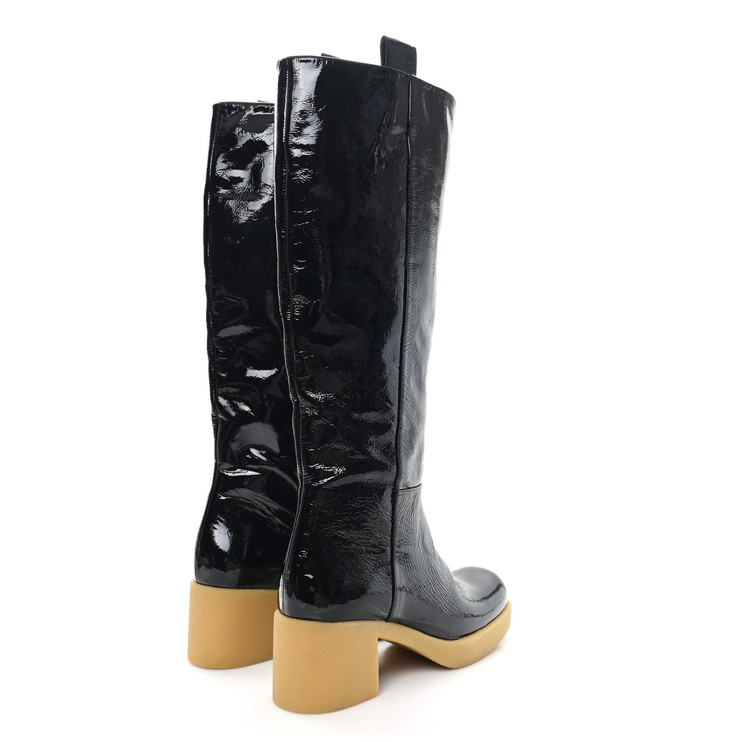 CRINKLED PATENT CALFSKIN KNEE HIGH BOOTS BLACK