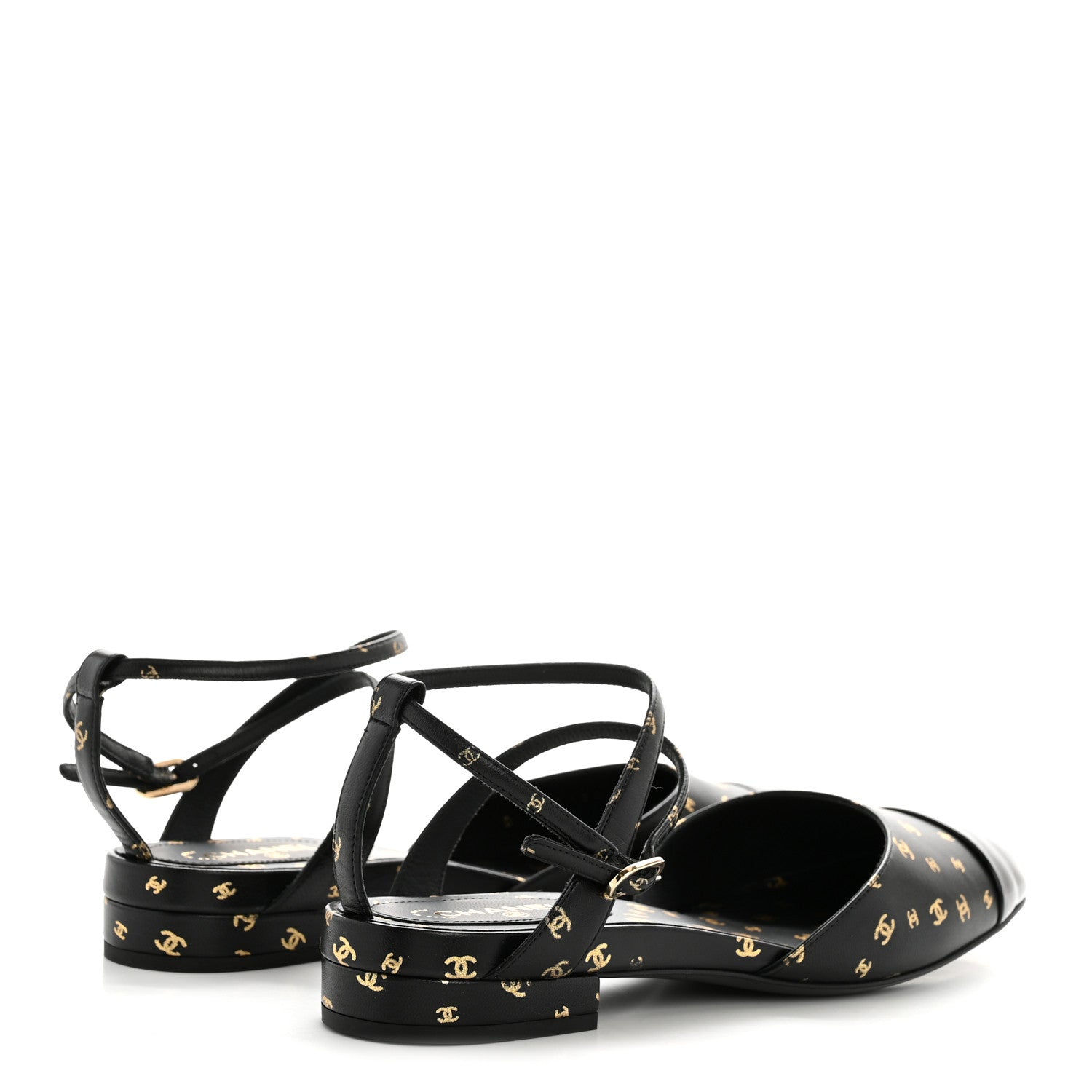 PRINTED LAMBSKIN PATENT CALFSKIN CAP TOE CC SLINGBACKS BLACK GOLD