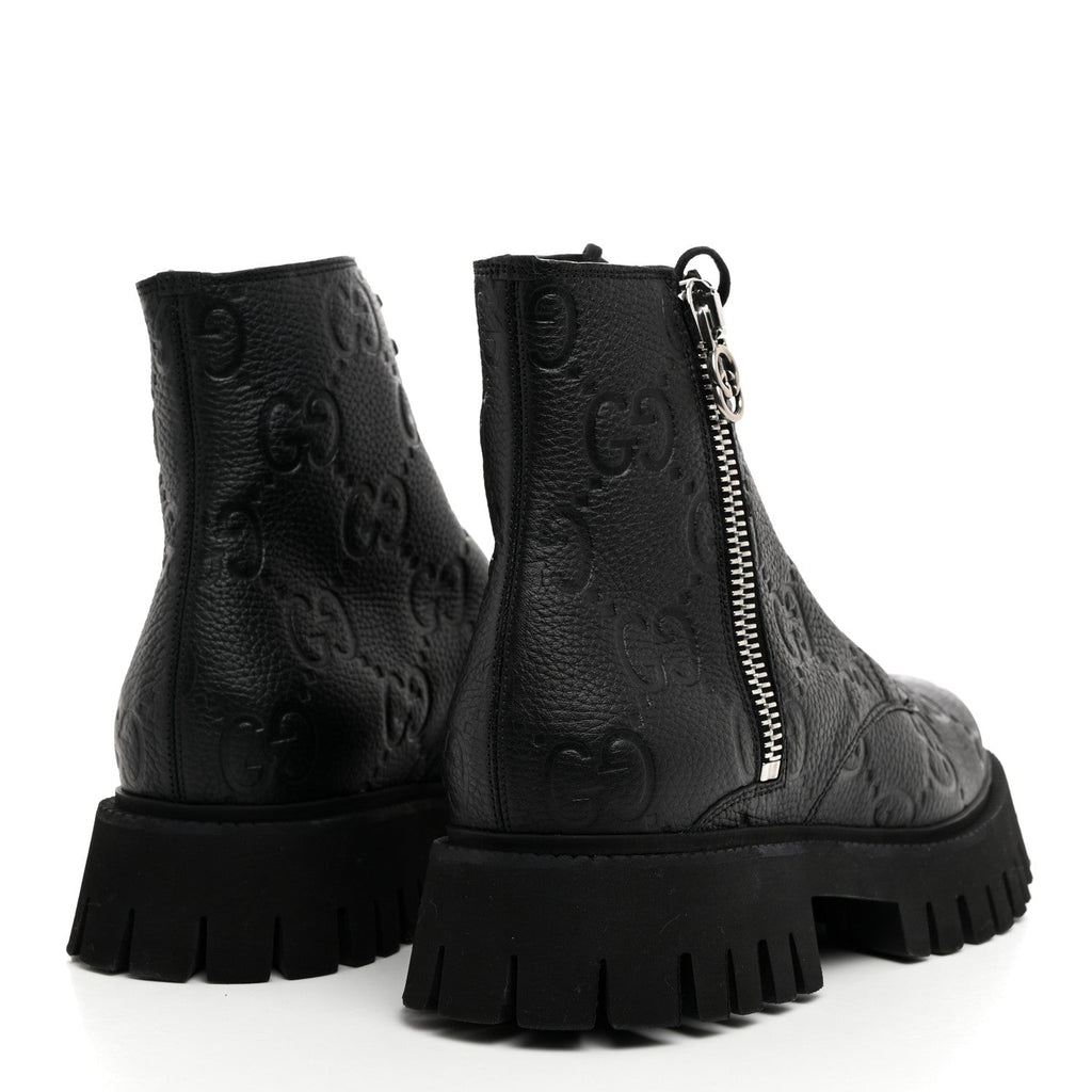 CALFSKIN EMBOSSED MONOGRAM LACE UP ANKLE BOOTS BLACK