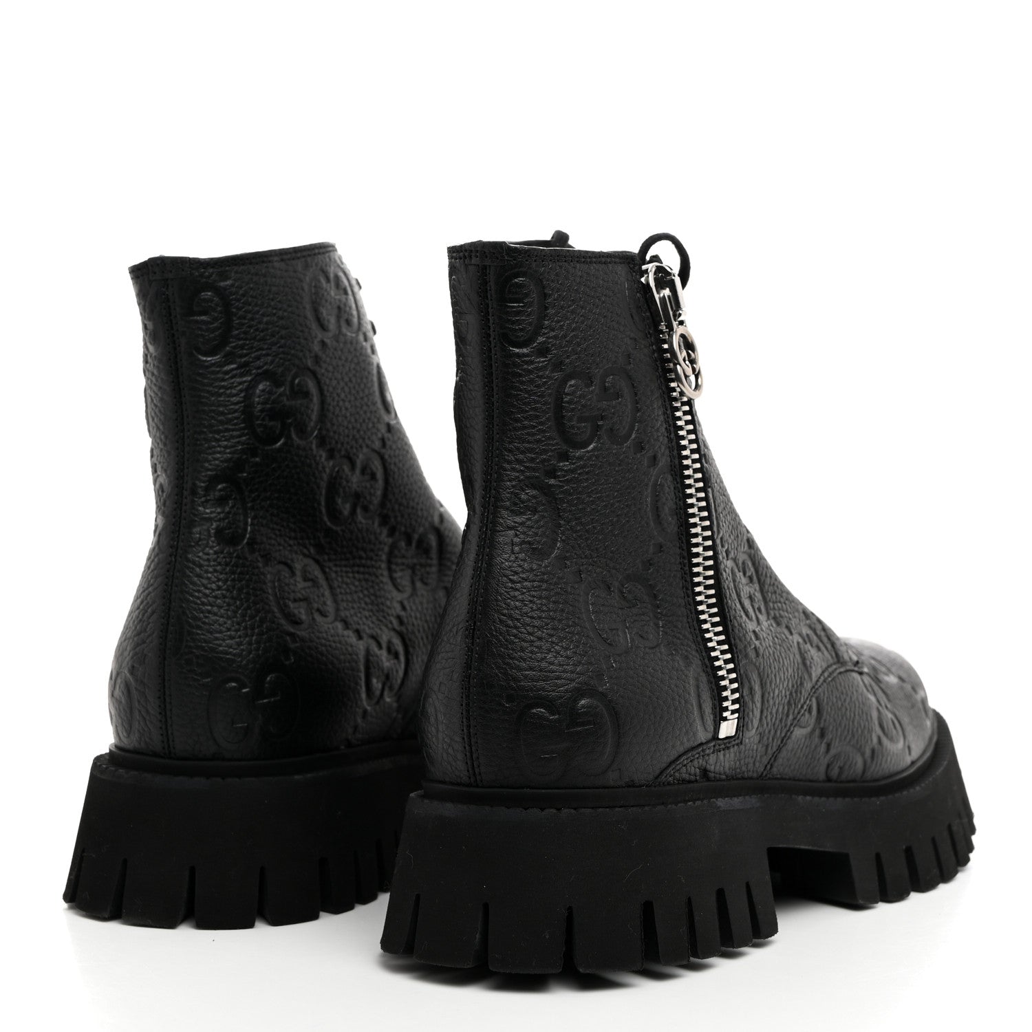 CALFSKIN EMBOSSED MONOGRAM LACE UP ANKLE BOOTS BLACK
