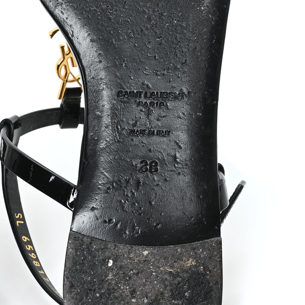 PATENT CALFSKIN CASSANDRA MONOGRAM SANDALS BLACK