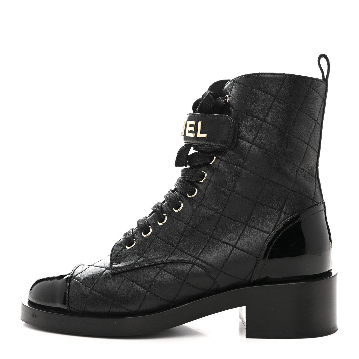 LAMBSKIN PATENT CALFSKIN QUILTED LOGO LACE UP COMBAT BOOTS BLACK