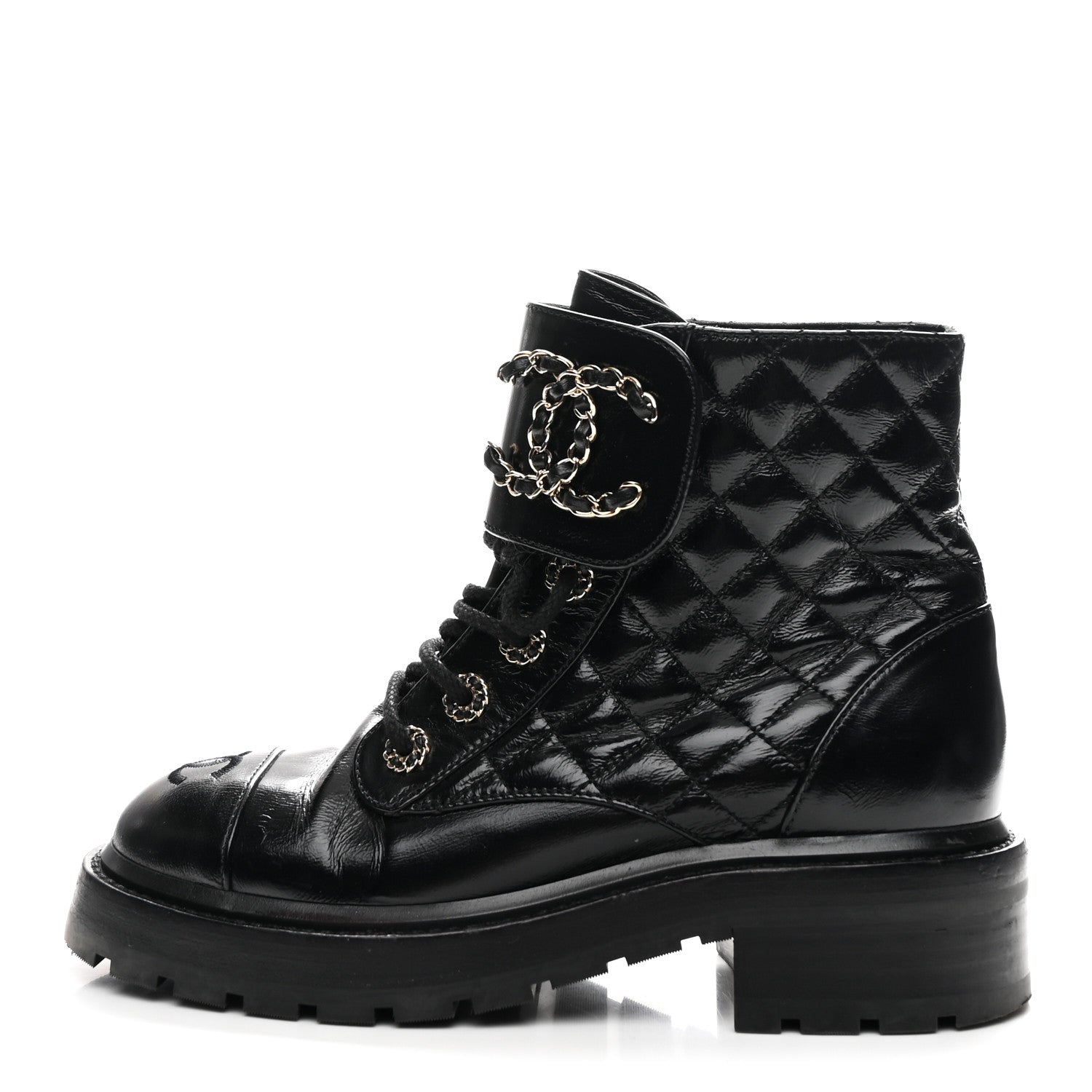 SHINY CALFSKIN QUILTED LACE UP COMBAT BOOTS BLACK