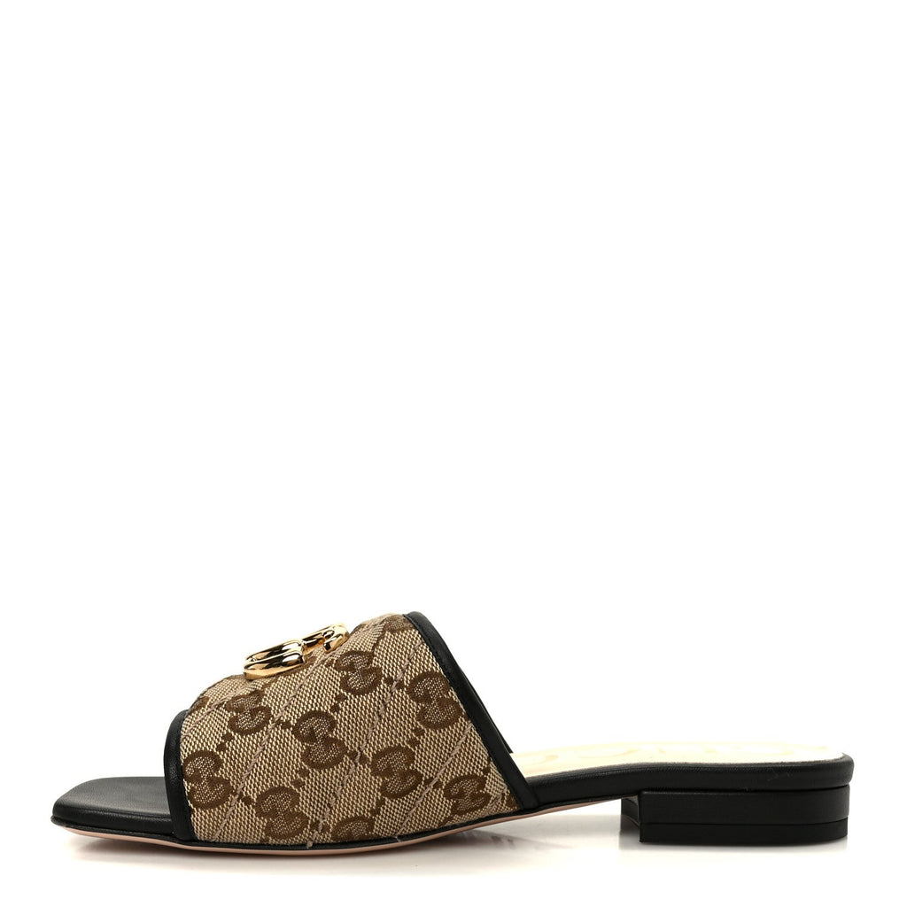 MONOGRAM MATELASSE DIAGONAL GG MARMONT FLAT SLIDE SANDALS BEIGE EBONY BLACK