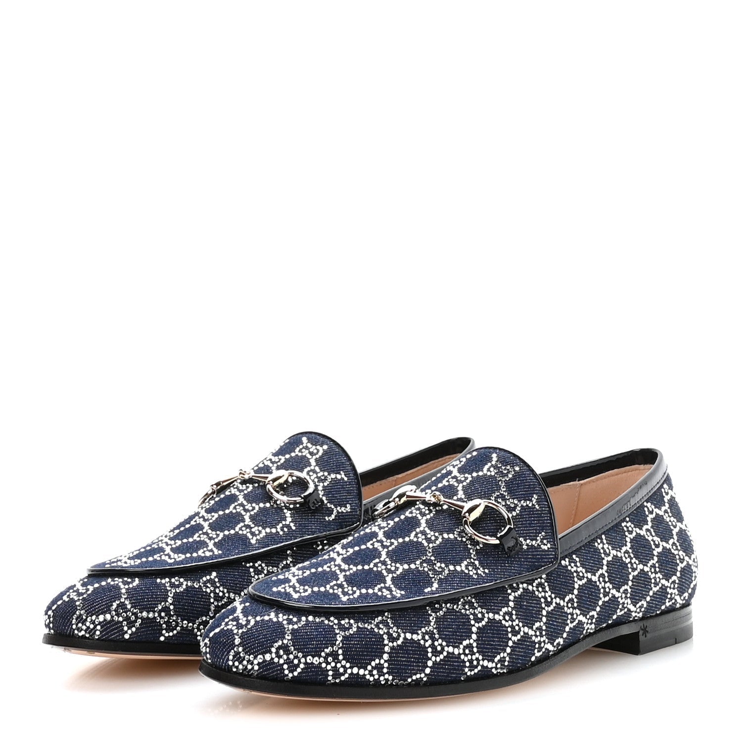 DENIM CRYSTAL GG MONOGRAM HORSEBIT WOMENS JORDAAN LOAFERS DEEP BLUE BLUE MILAD