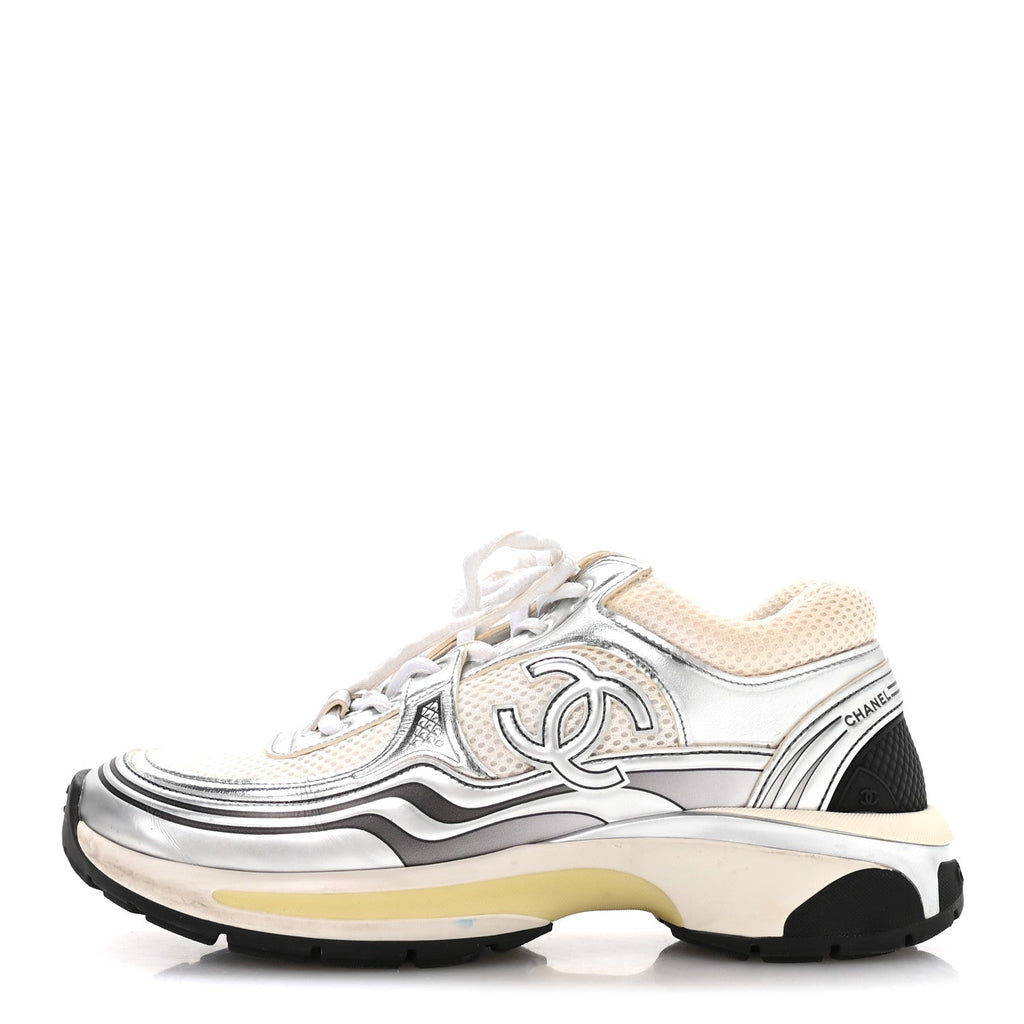 FABRIC LAMINATED CALFSKIN STRETCH CC SNEAKERS WHITE SILVER