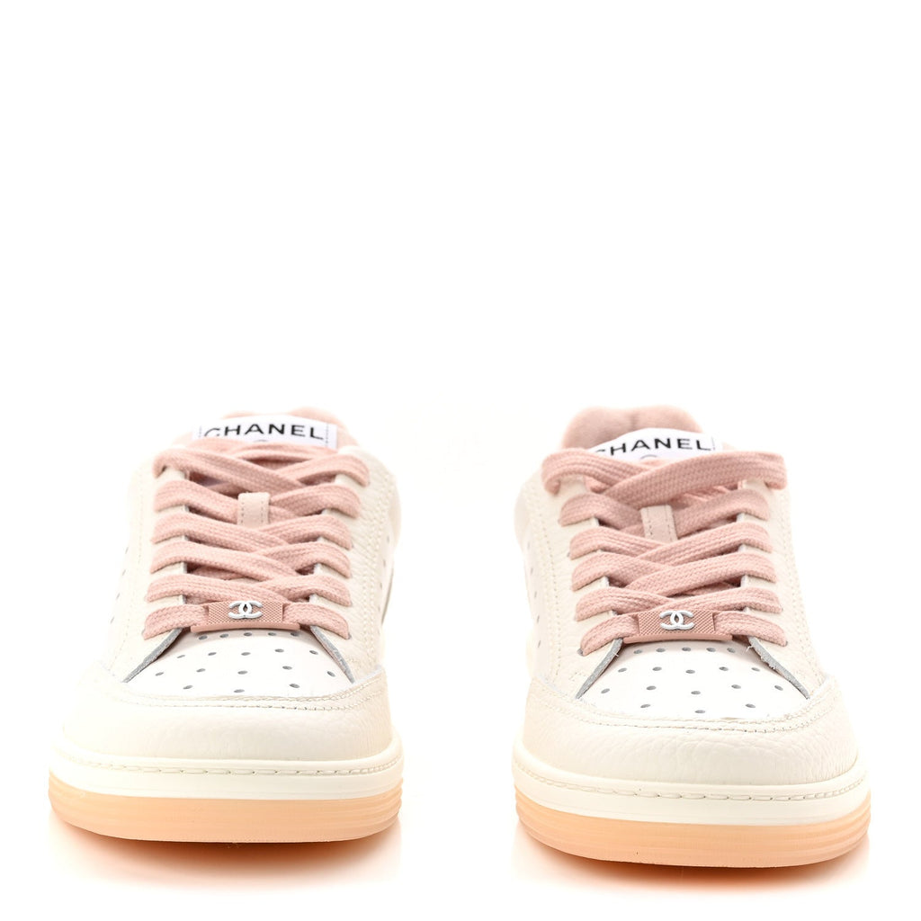 GRAINED CALFSKIN FABRIC WOMENS LOGO SNEAKERS WHITE LIGHT PINK