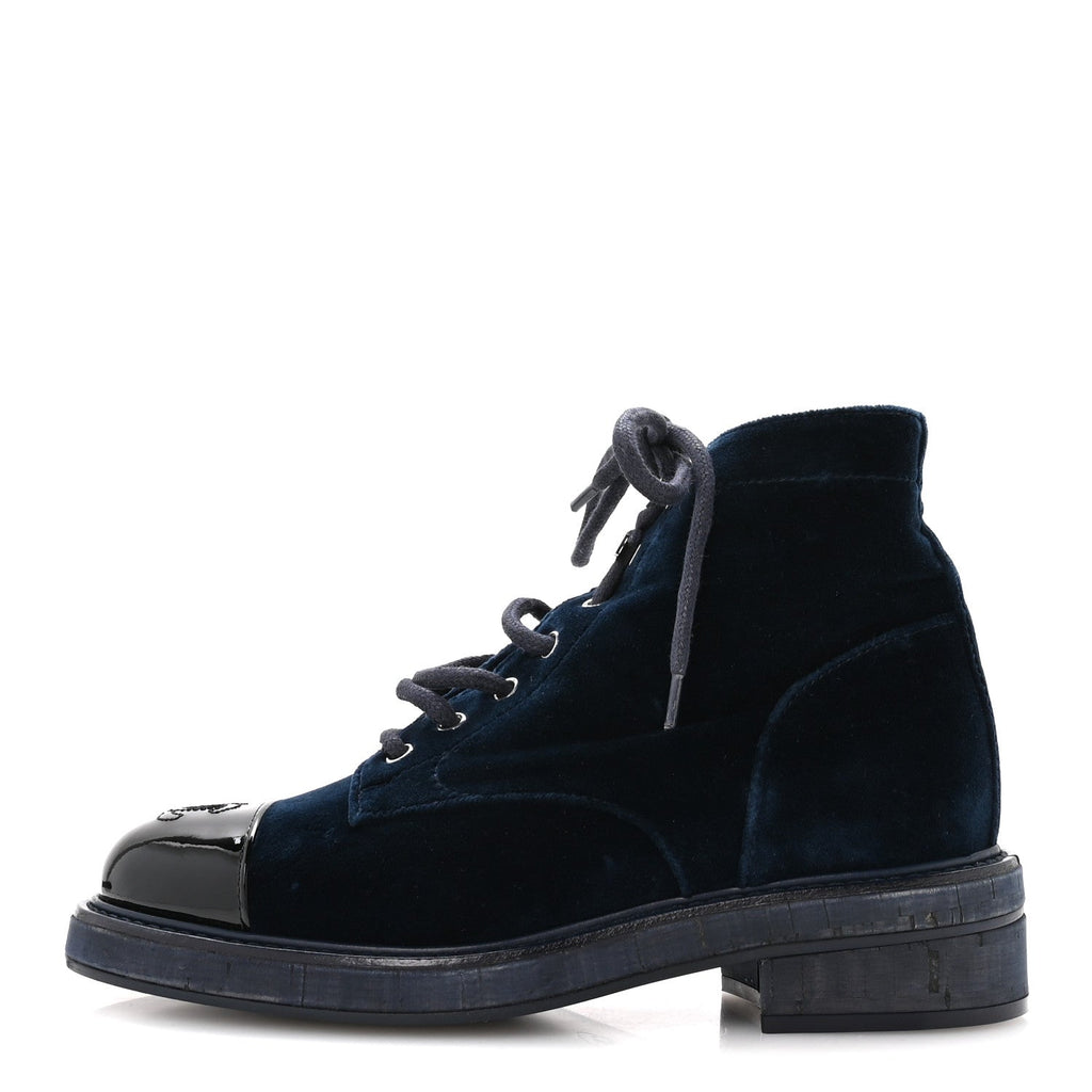 VELVET PATENT CALFSKIN LACE UP COMBAT BOOTS BLUE BLACK