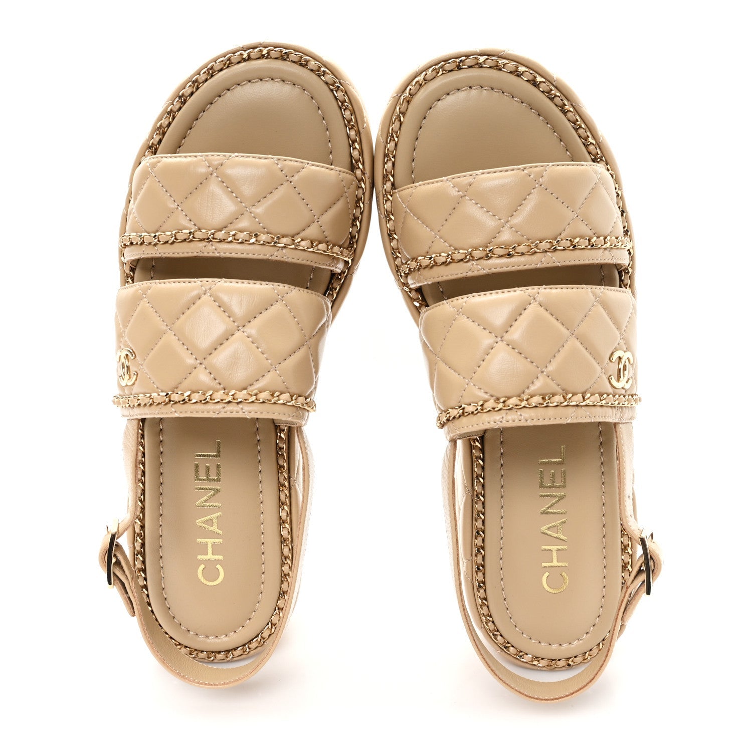 SHINY LAMBSKIN QUILTED CHAIN AROUND CC PLATFORM SANDALS BEIGE