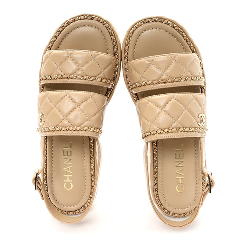 SHINY LAMBSKIN QUILTED CHAIN AROUND CC PLATFORM SANDALS BEIGE