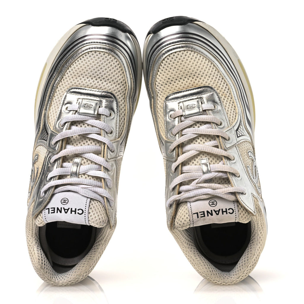 FABRIC LAMINATED CALFSKIN STRETCH CC WOMENS SNEAKERS WHITE GOLD SILVER