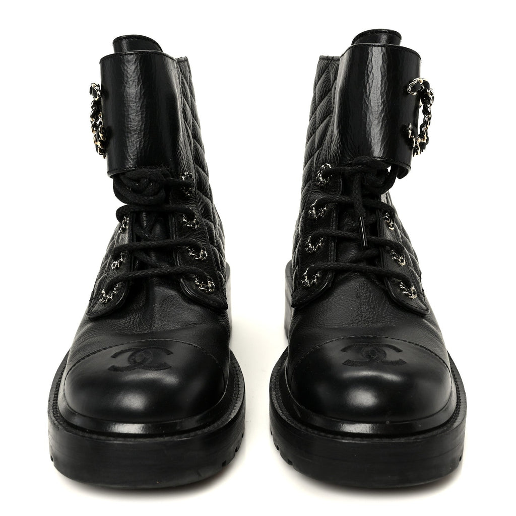 SHINY GOATSKIN CALFSKIN QUILTED LACE UP COMBAT BOOTS BLACK