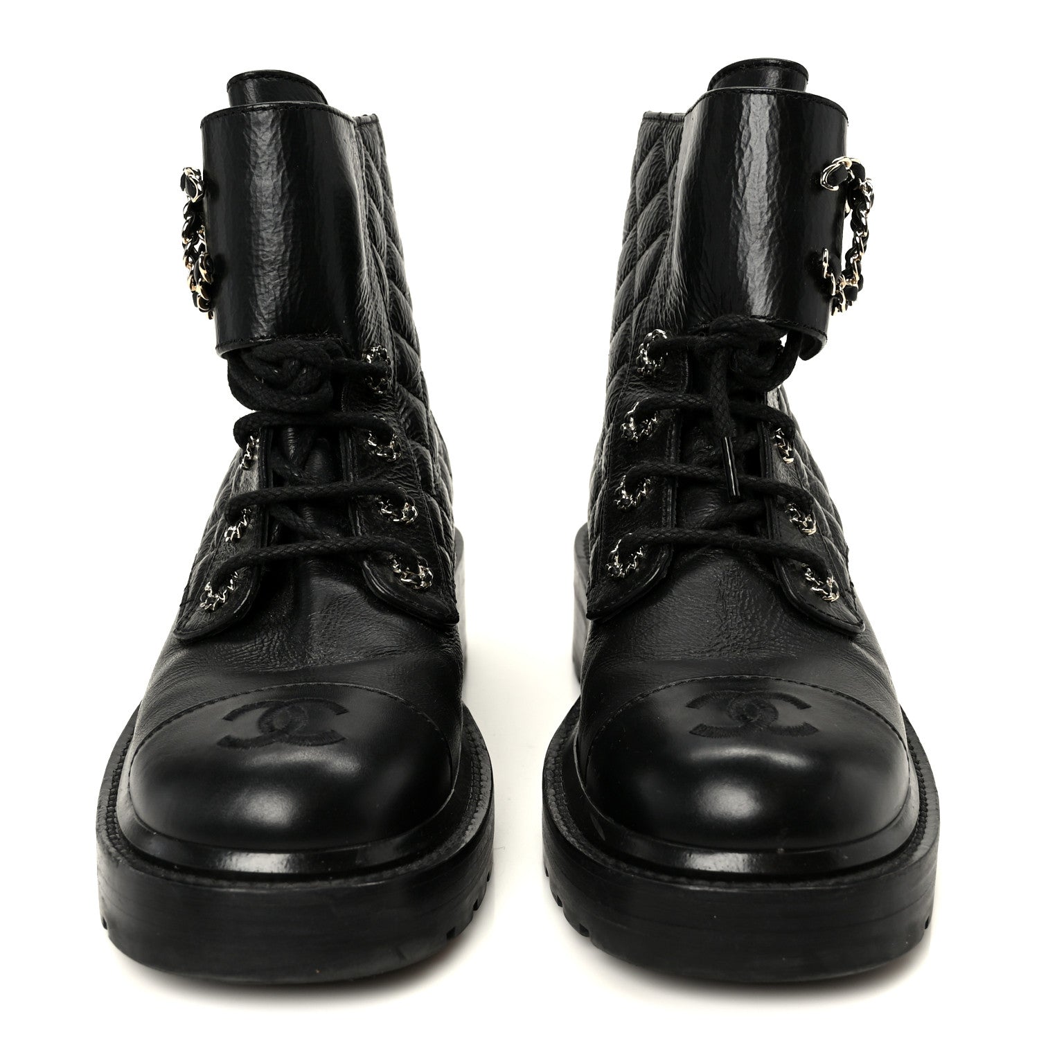 SHINY GOATSKIN CALFSKIN QUILTED LACE UP COMBAT BOOTS BLACK