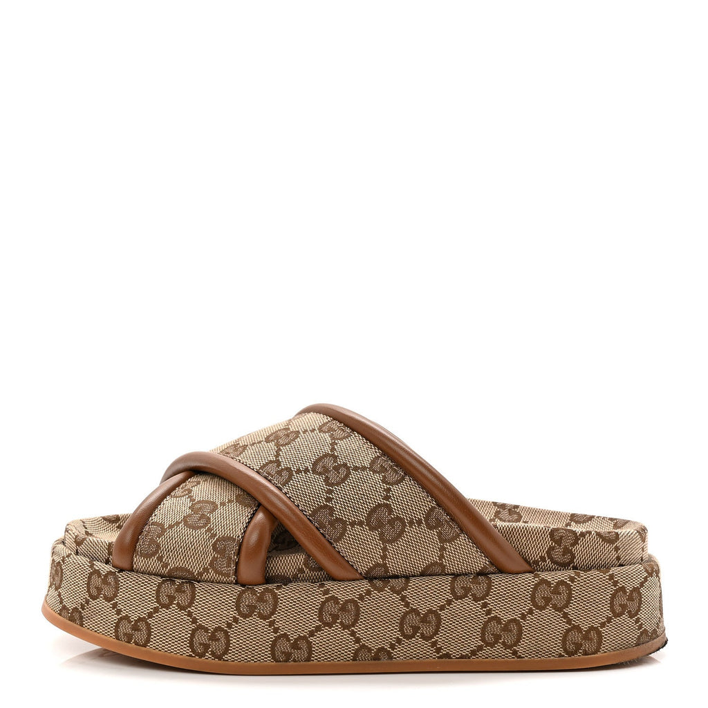 MONOGRAM GG CALFSKIN ANGELINA PLATFORM 55MM SLIDE SANDALS CAMEL EBONY