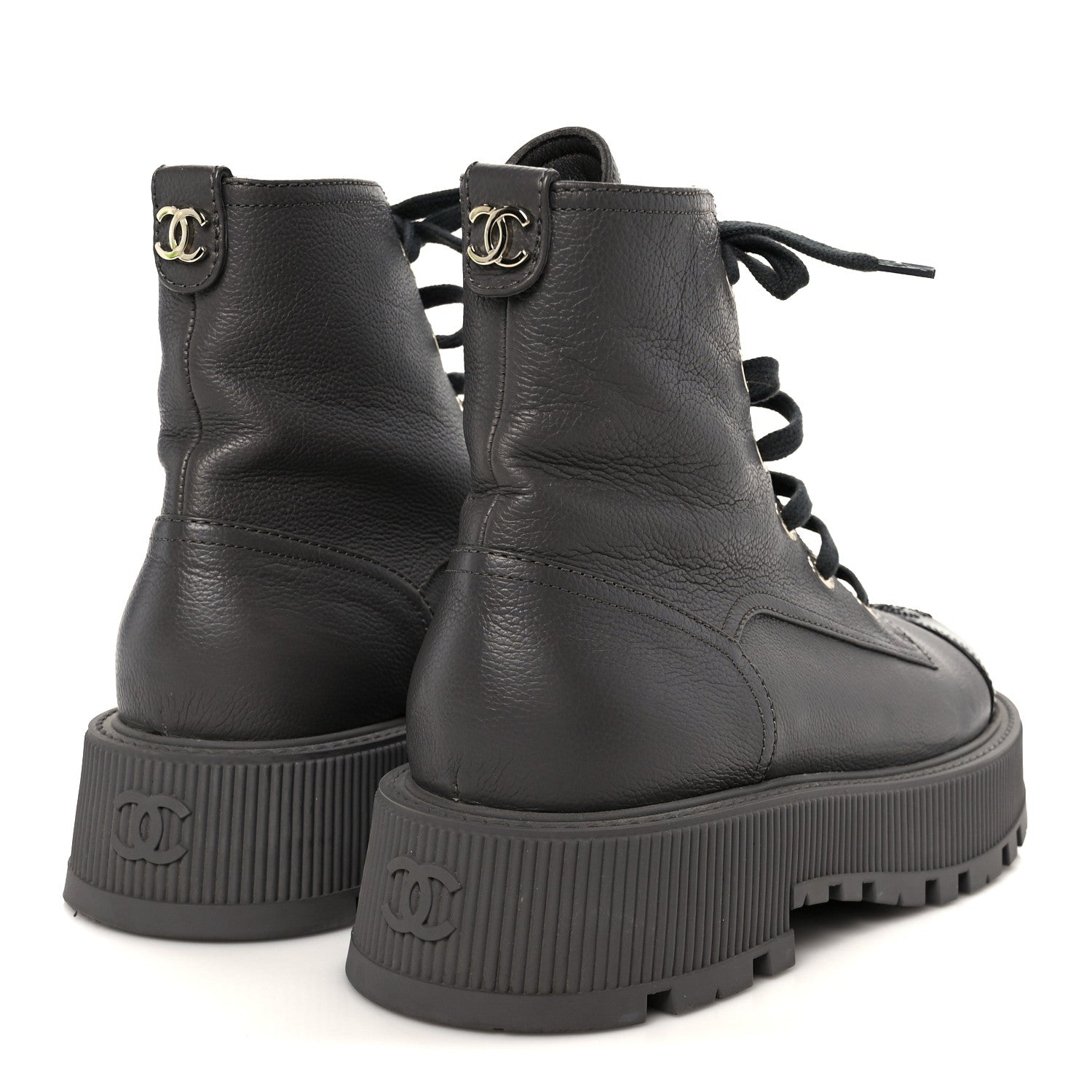 GRAINED CALFSKIN SHINY CALFSKIN CC LACE UP COMBAT BOOTS GRAY BLACK
