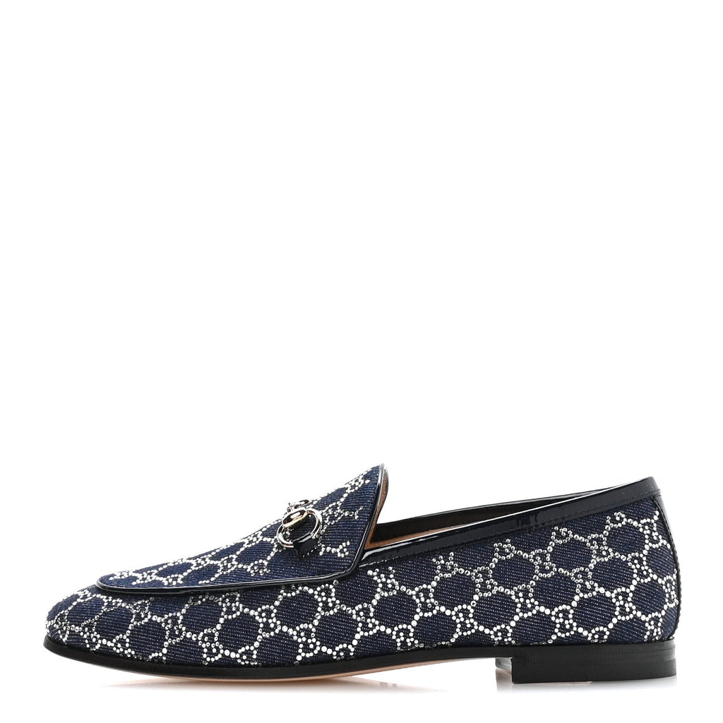 DENIM CRYSTAL GG MONOGRAM HORSEBIT WOMENS JORDAAN LOAFERS DEEP BLUE BLUE MILAD