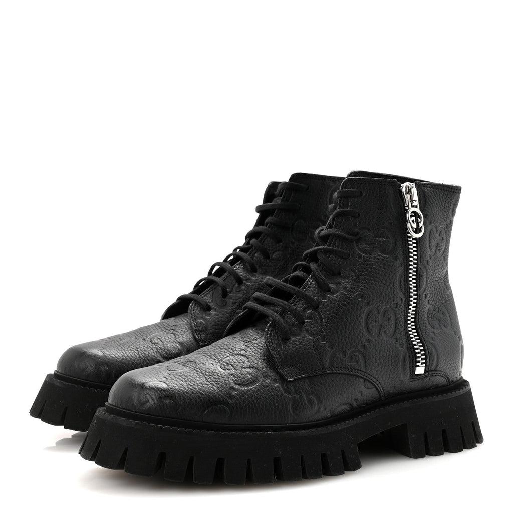 CALFSKIN EMBOSSED MONOGRAM MENS LACE UP ANKLE BOOTS BLACK