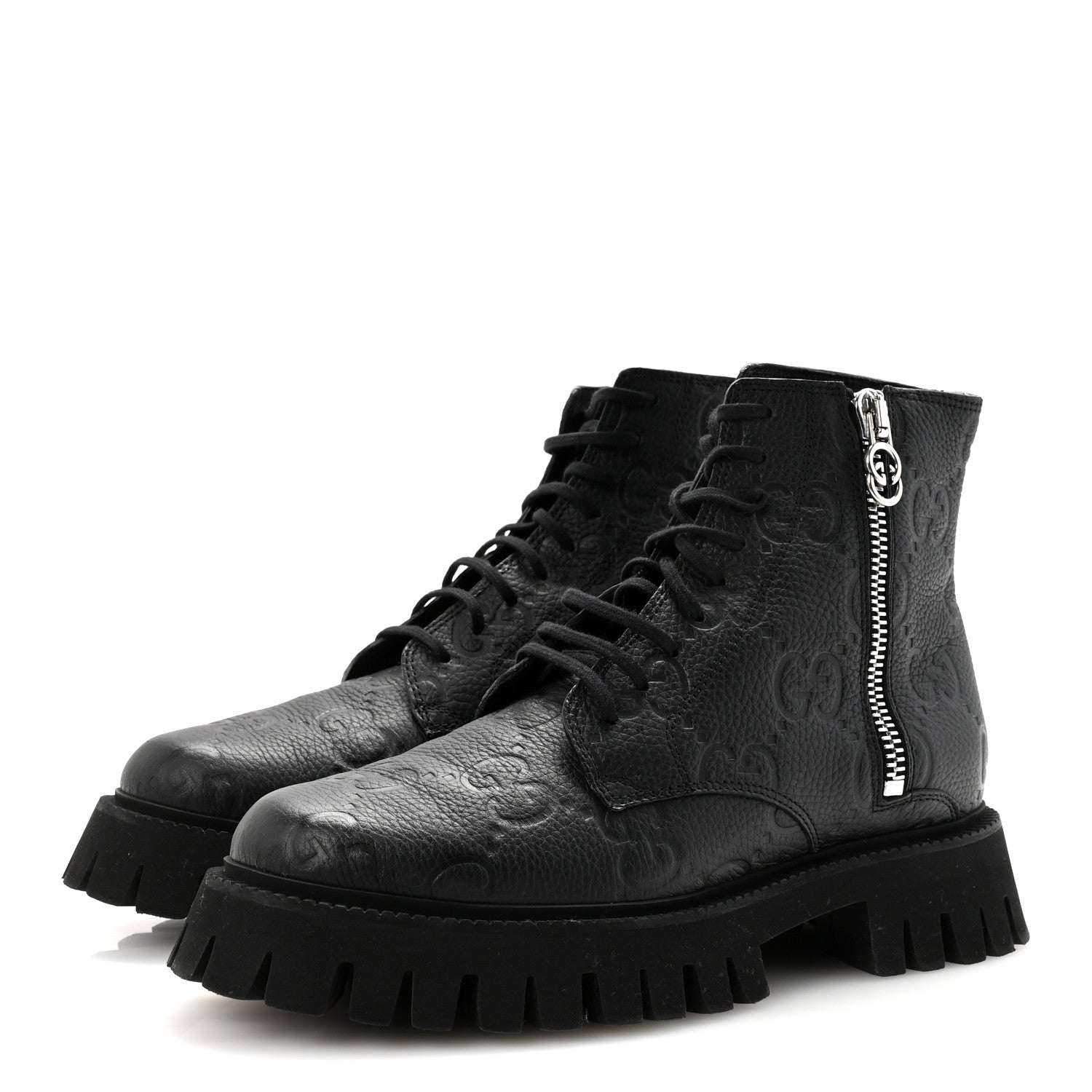 CALFSKIN EMBOSSED MONOGRAM MENS LACE UP ANKLE BOOTS BLACK