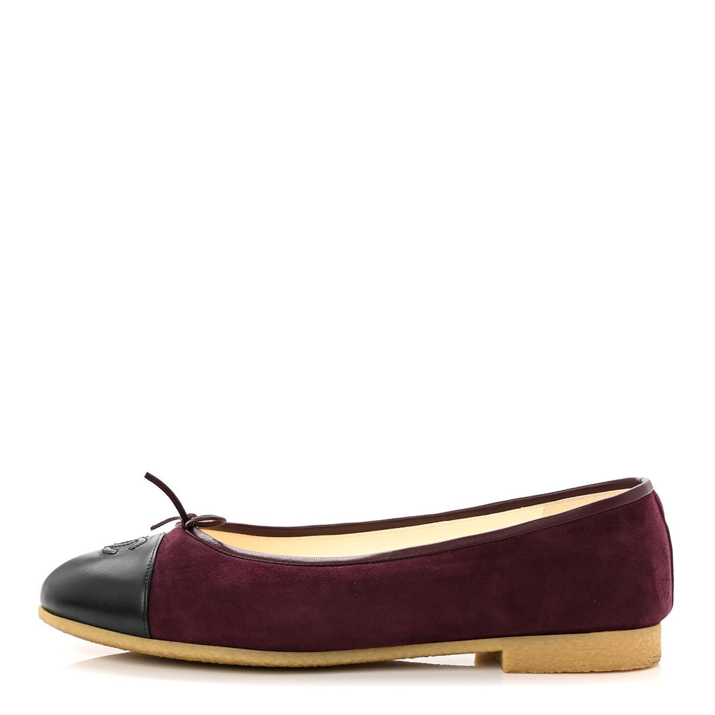 SUEDE LAMBSKIN CAP TOE CC BALLERINA FLATS BURGUNDY BLACK