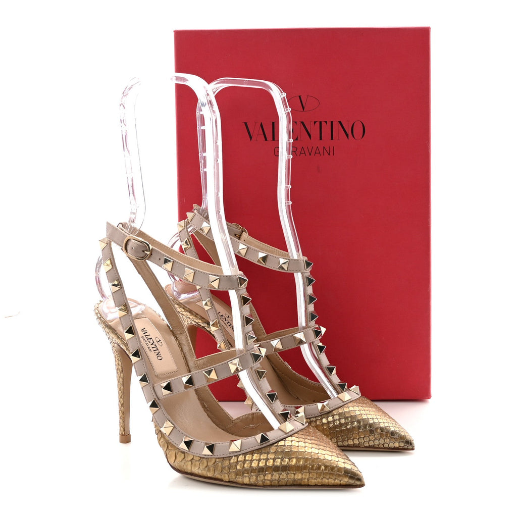 METALLIC ELAPHE ROCKSTUD ANKLE STRAP 100MM PUMPS GOLD POUDRE