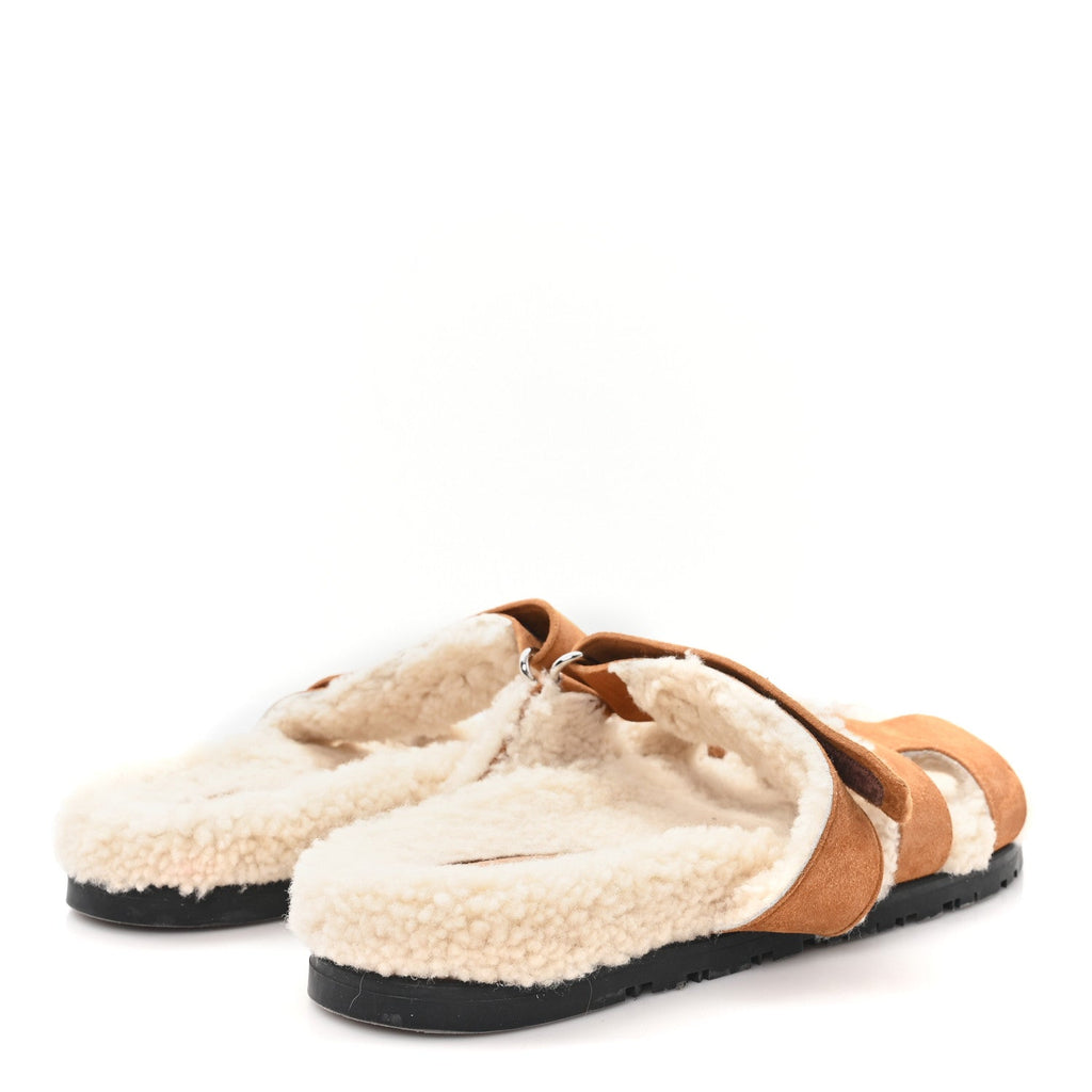 SUEDE GOATSKIN WOOLSKIN WOMENS CHYPRE SANDALS BRUN FUME ECRU