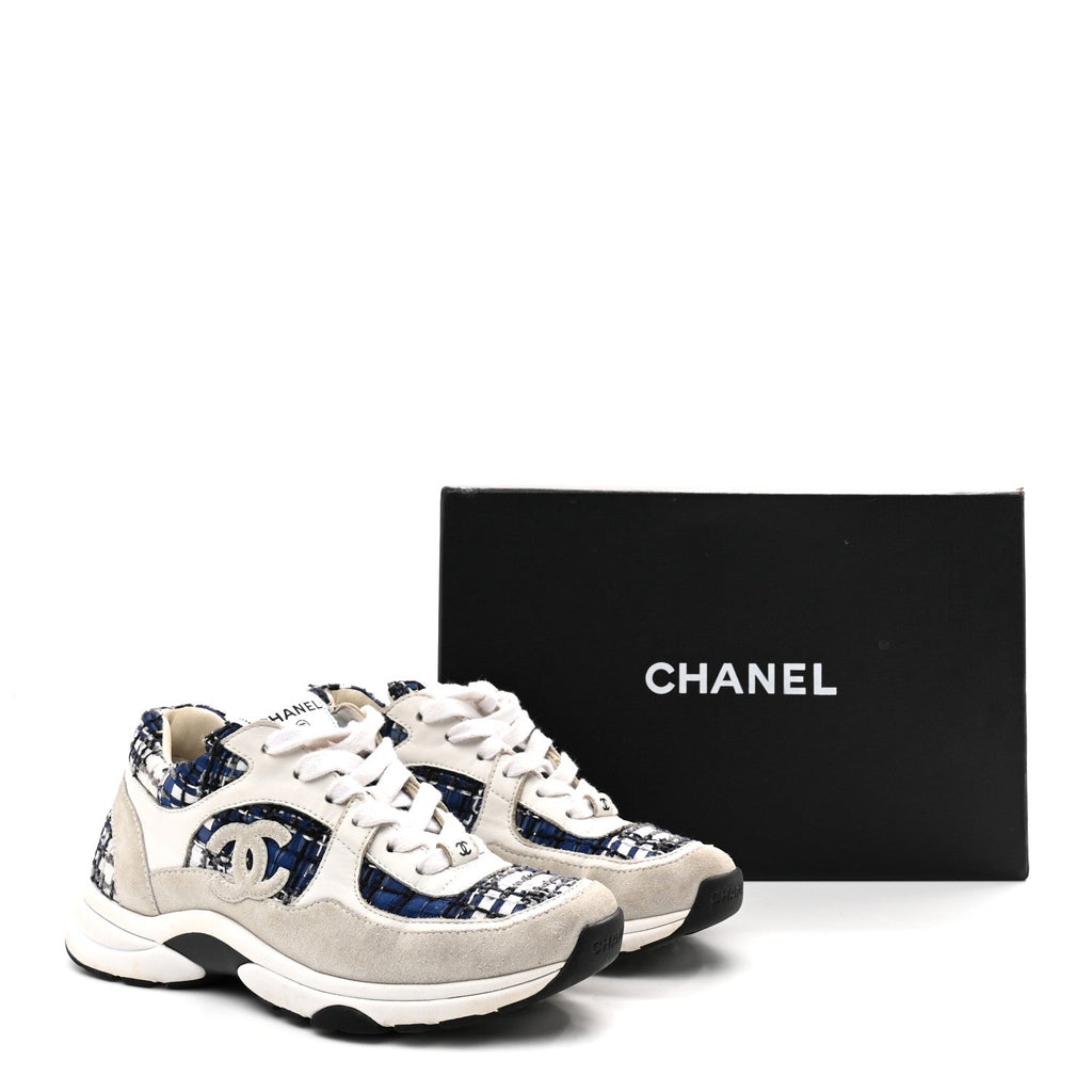 TWEED SUEDE CALFSKIN WOMENS CC SNEAKERS DARK BLUE BLACK GREY WHITE