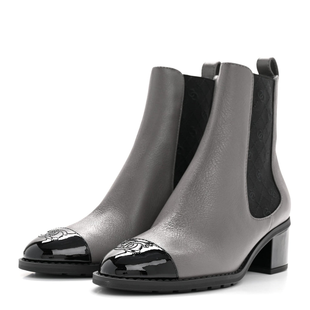 CALFSKIN PATENT CAP TOE CC SHORT BOOTS GREY BLACK