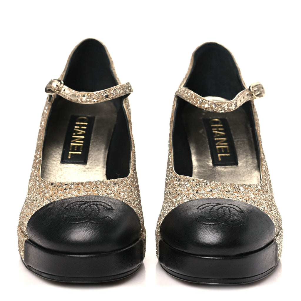 GLITTER LAMBSKIN CAP TOE CC MARY JANE PUMPS LIGHT GOLD BLACK