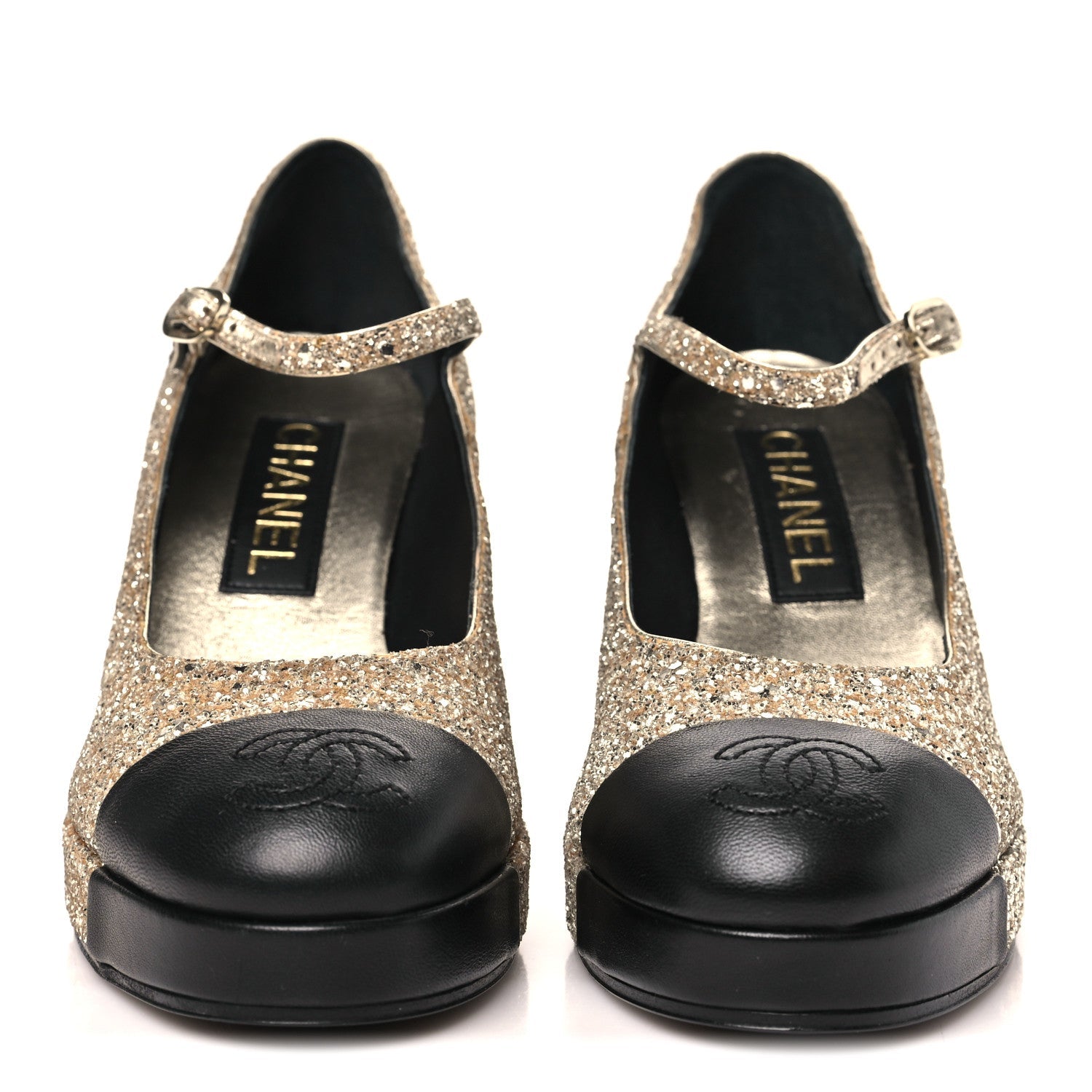 GLITTER LAMBSKIN CAP TOE CC MARY JANE PUMPS LIGHT GOLD BLACK