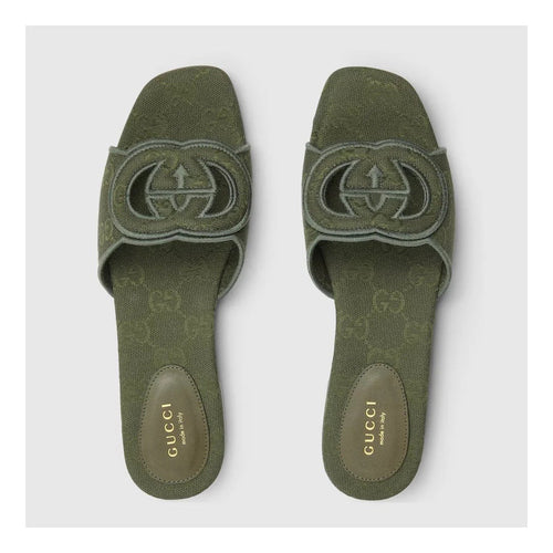 Gucci Jane Embroidered Cotton Flat Slide Sandals - Green