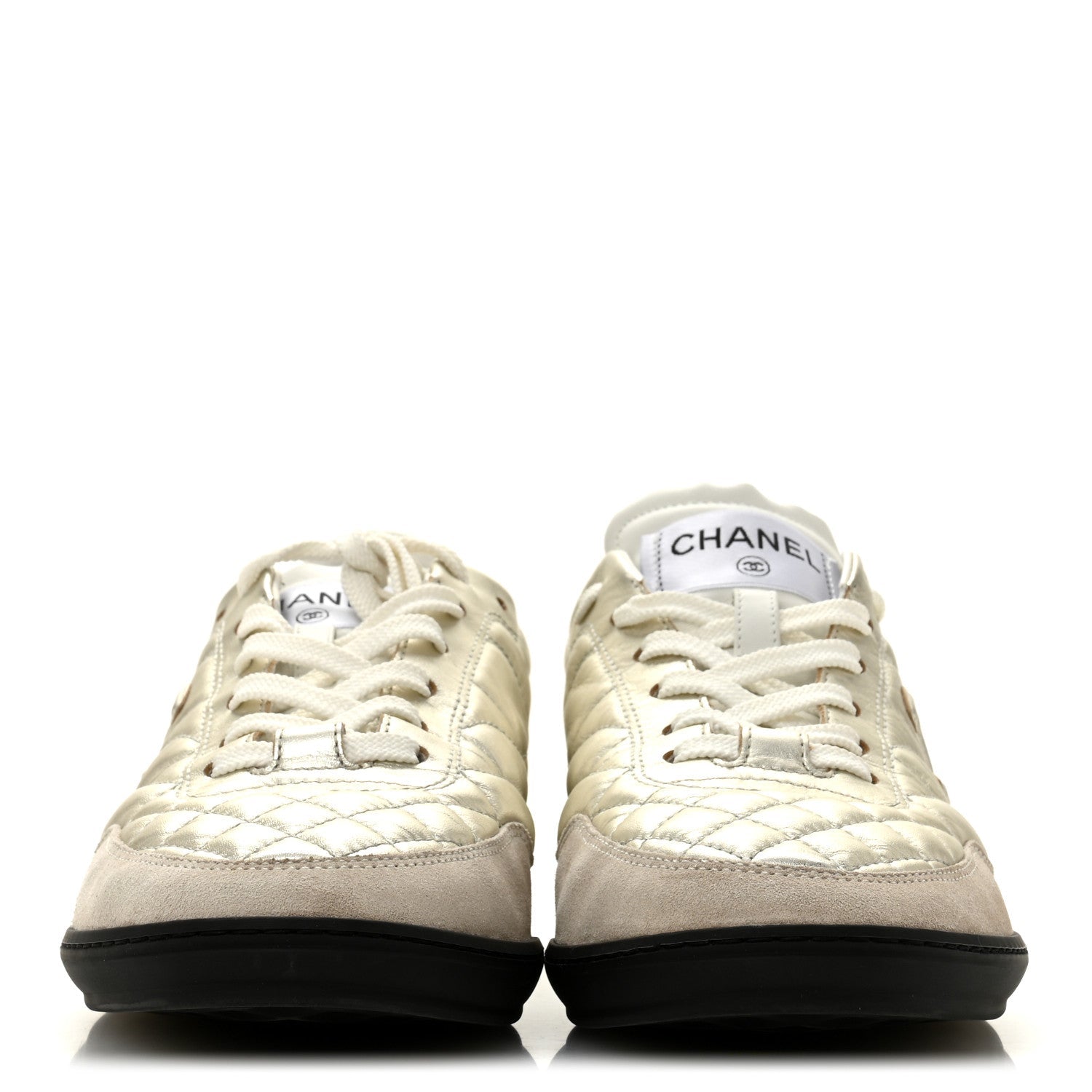 LAMINATED CALFSKIN SUEDE QUILTED WOMENS CC SNEAKERS SILVER WHITE GRAY